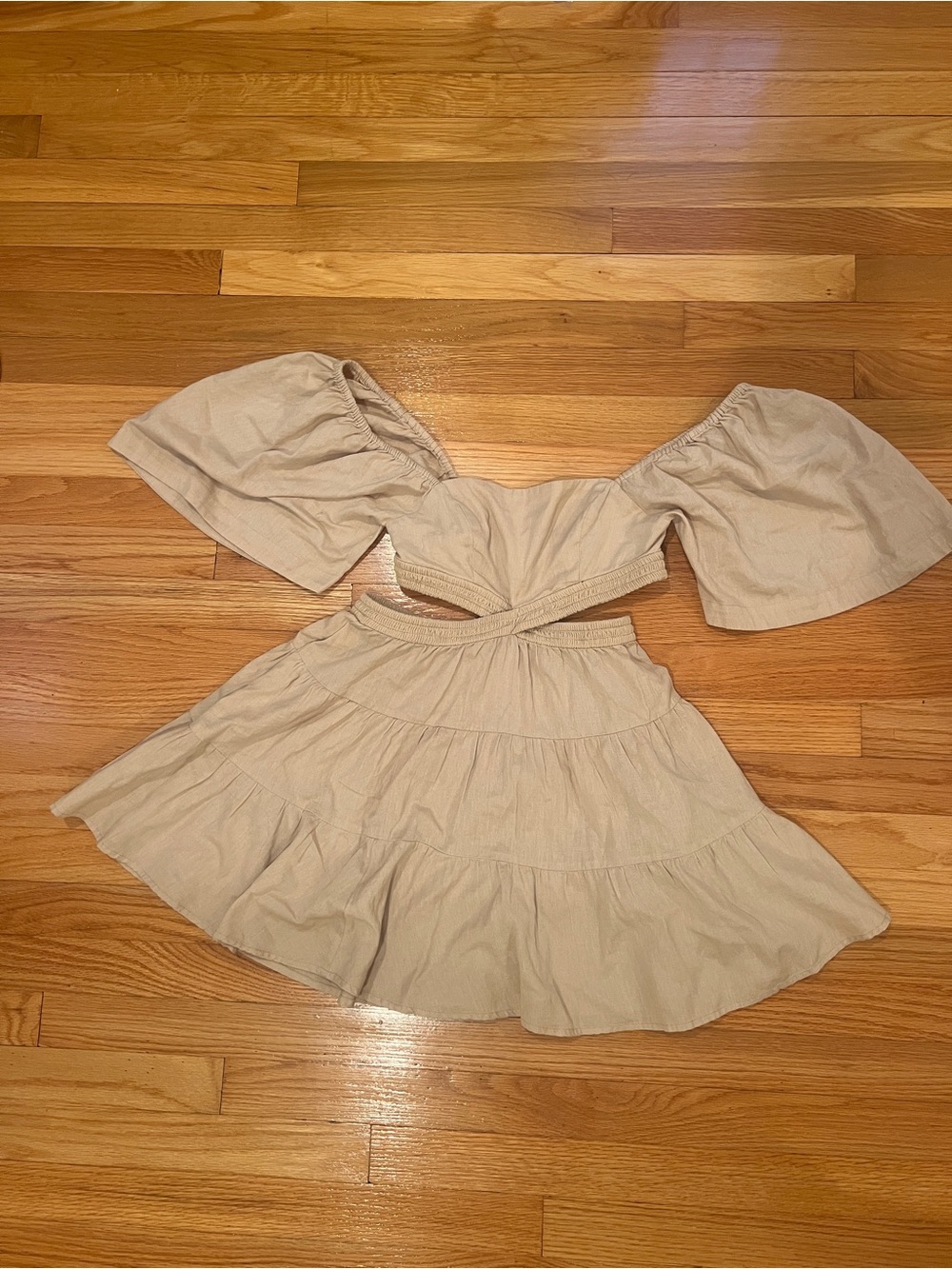 Free People Beige Off-Shoulder Tiered Mini Dress with Cutout Waist